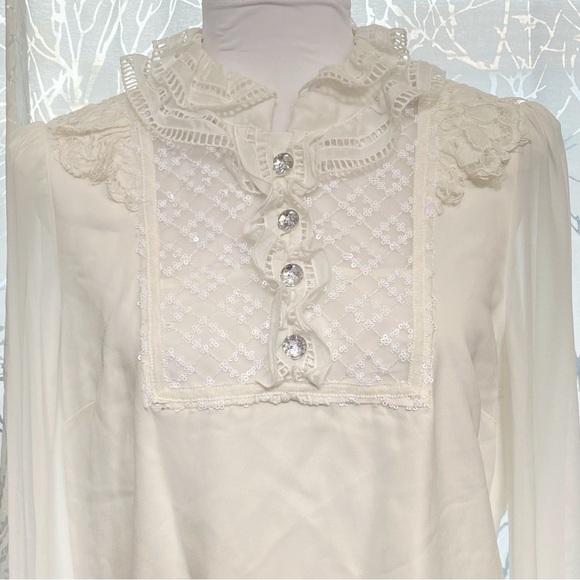 SELF-PORTRAIT WHITE SEQUIN RUFFLE FRILL COLLAR NECK BOW SHEER LONG SLEEVE TOP - Picture 6 of 16